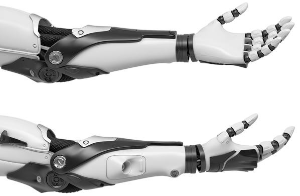 3d rendering of set of two black and white robotic hands with palms open and fingers relaxed and sticking out