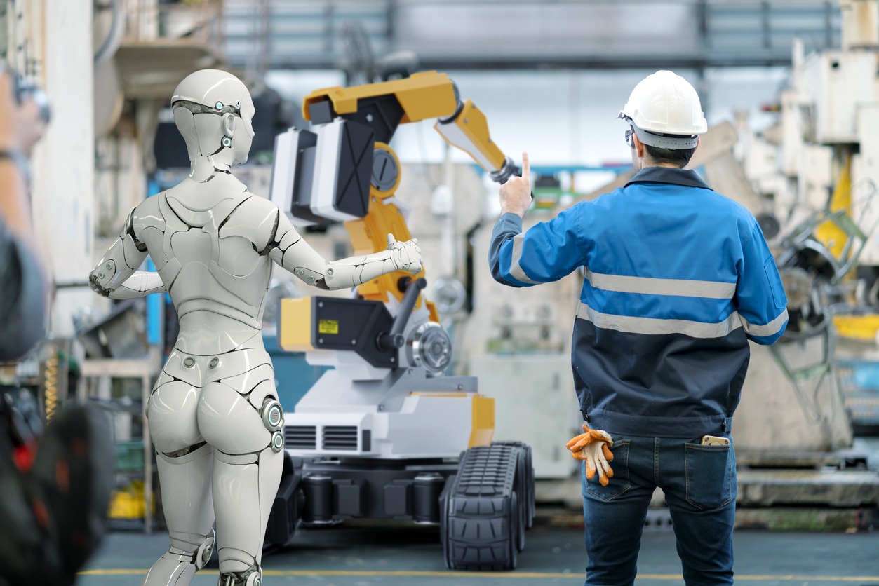 3D Humanoid robot, robot arm and human working automated in factory futuristic modern tech. Future digital technology AI artificial intelligence in industrial factory production line concept.
