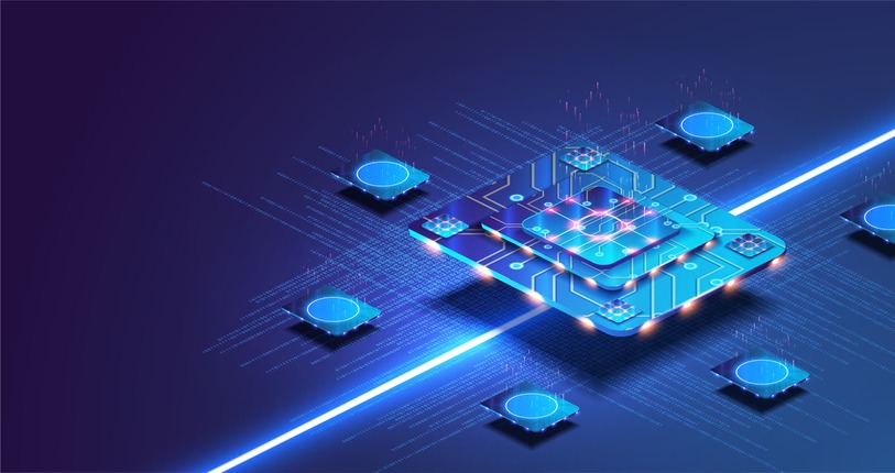 Futuristic microchip processor with lights on the blue background. Quantum computer, large data processing, database concept. Artificial intelligence and robotics quantum computing processor concept.