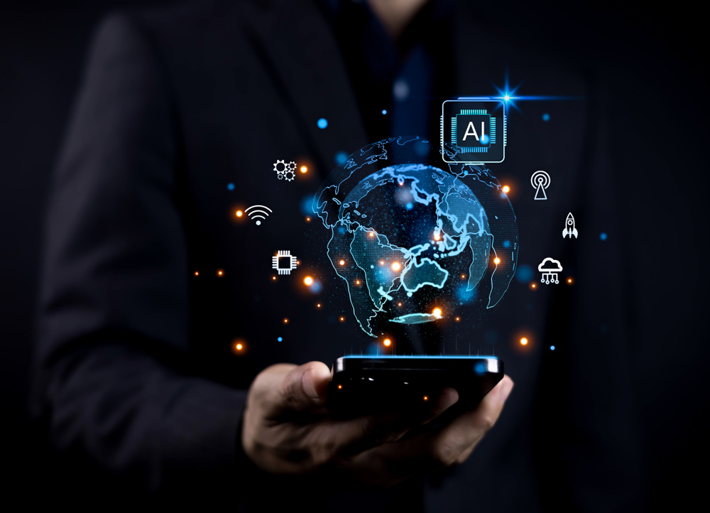 Futuristic AI technology concept showing a digital globe emerging from a smartphone, symbolizing innovation global connectivity, data intelligence smart solutions, and advanced digital transformation