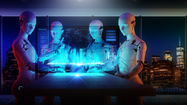 Computer aided manufacturing, future factory engineering and industrial technology, 3D robot teamwork meeting working in factory futuristic metaverse cyber digital world