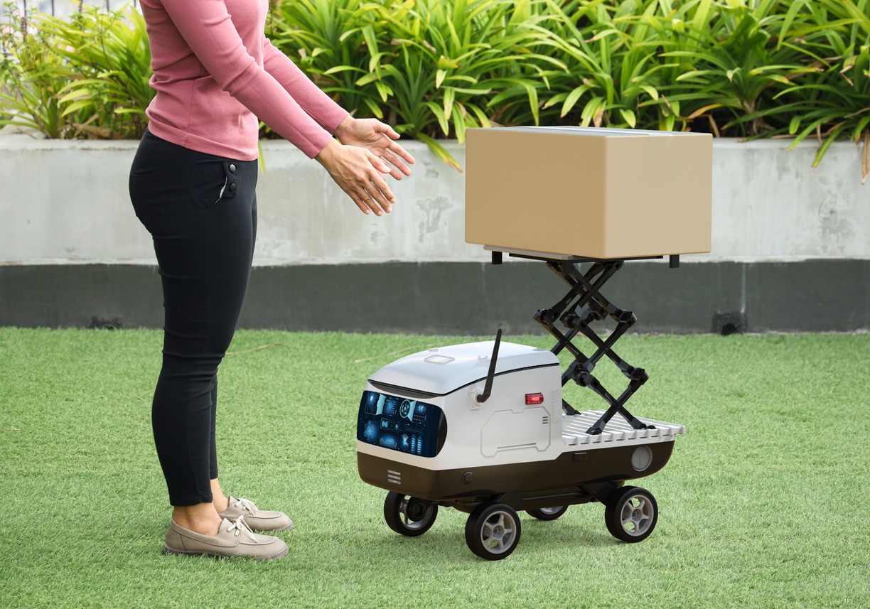 Delivery robot send cardboard box to customer