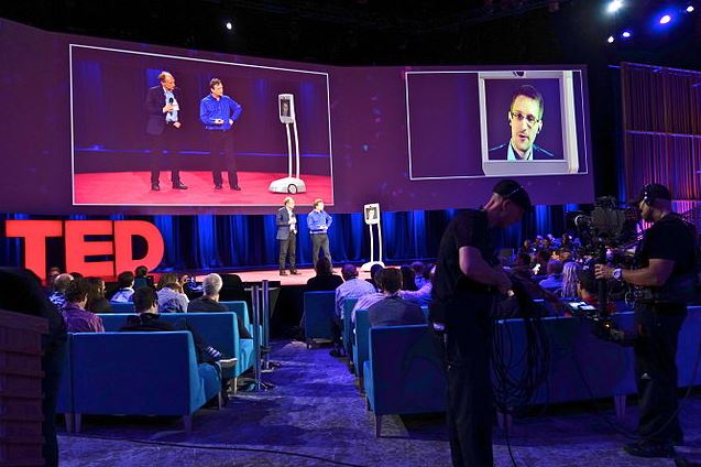 edward snowden's surprise appearance at ted,speaking with chris anderson and tim berners Lee on a telepresence robot,from a secret location in Russia
